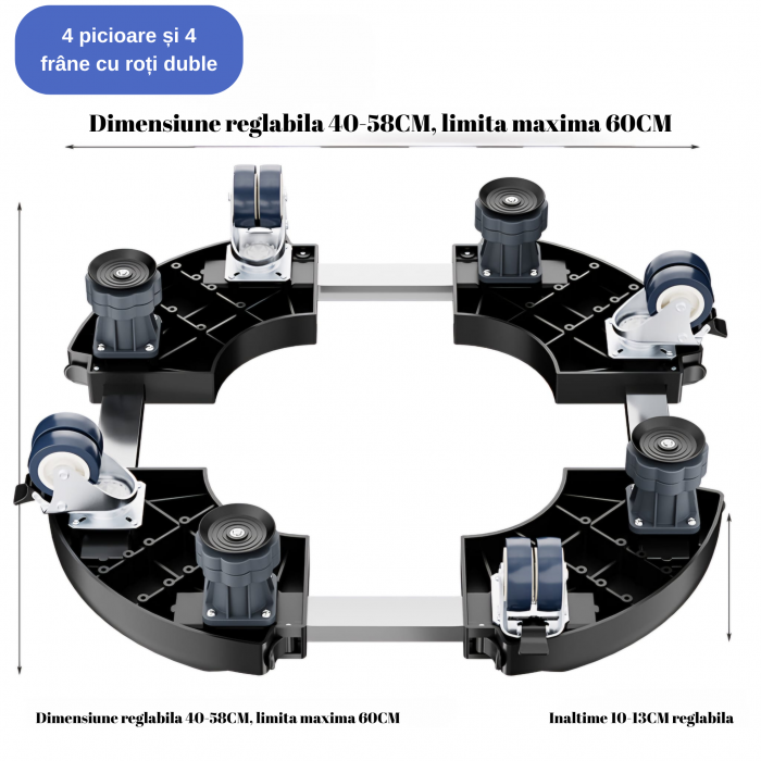 Suport pentru ghivece mari de flori, interior si exterior, ajustabil 40-58cm, 4 picioare reglabile 10-13cm, 4 roti duble pentru mobilitate usoara [4]