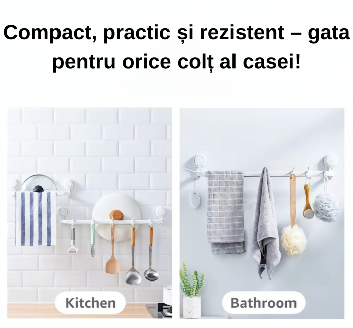 Suport Prosop Baie, Prindere usoara fara Gaurire, Prindere Vacuum, Raft Depozitare Plastic, Bara cu Agatatoare pentru Prosoape si Accesorii Baie, Alb [3]
