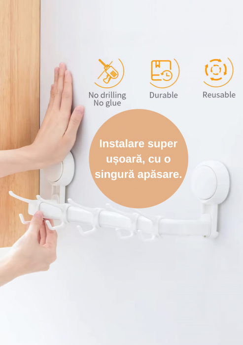 Suport Prosop Baie, Prindere usoara fara Gaurire, Prindere Vacuum, Raft Depozitare Plastic, Bara cu Agatatoare pentru Prosoape si Accesorii Baie, Alb [2]