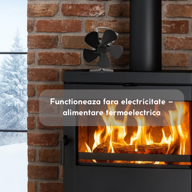 Ventilator pentru semineu, alimentat cu caldură, ventilator termoelectric fără electricitate, model 5 pale, porneste la 60°C , aluminiu, otel inoxidabil, negru [2]