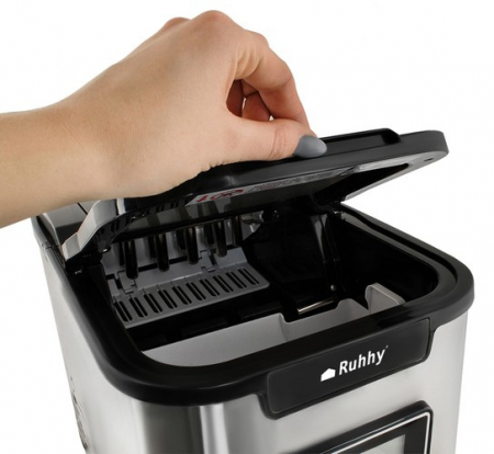 Aparat de gheață 12kg/zi cu 3 dimensiuni cuburi, autocurățare, timer, afișaj LCD și notificări sonore. Ideal pentru casă sau birou, design compact și inox. [7]