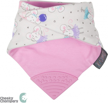 Bavetica Cheeky Chompers din bumbac 3 in 1, esarfa, cu colt de dentitie, impermeabila, usor de curatat, reglabila, utilizare pe ambele parti, roz [5]
