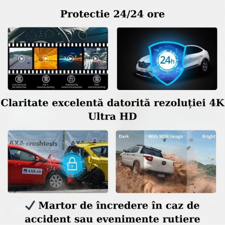 Camera Auto de bord ultracompacta, martor cheie, FULL HD 4K, 2160P, 30fps, Inregistrare in bucla, Vedere nocturna, G-Sensor, Instructiuni vocale, Unghi filmare ultra larg 170°, cu card 64 GB inclus [5]