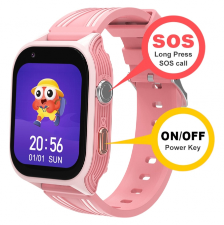 Ceas smartwatch pentru copii, slot cartela SIM, 4G, cu GPS, buton SOS, apelare video, localizare precisa GPS, ecran mare 1.83", monitorizare spion, compatibil IOS, Android, +  curea textila, roz [5]