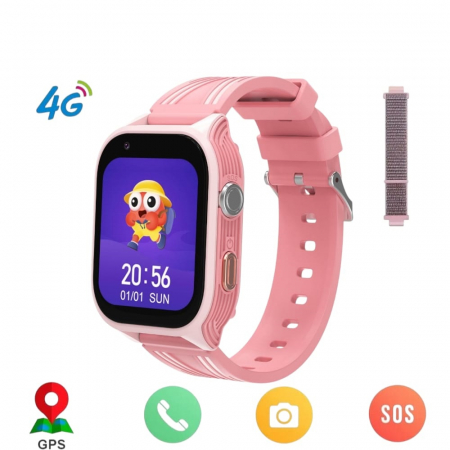 Gadgeturi - Ceas smartwatch pentru copii, slot cartela SIM, 4G, cu GPS, buton SOS, apelare video, localizare precisa GPS, ecran mare 1.83", monitorizare spion, compatibil IOS, Android, +  curea textila, roz