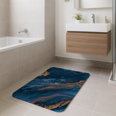 Casa & Gradina - Covoras de baie antiderapant, super absorbant, uscare rapida, spuma poliuretanica + microfibra, model modern, albastru, 80×50 cm