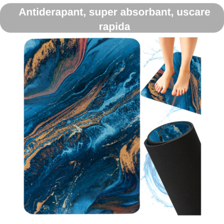 Covoras de baie antiderapant, super absorbant, uscare rapida, spuma poliuretanica + microfibra, model modern, albastru, 80×50 cm [2]