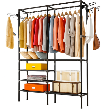 Casa & Gradina - Cuier mare pentru haine tip dulap XXL, 6 rafturi si 8 carlige laterale, bara pentru umerase, metal rezistent, design modern, negru