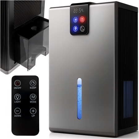 Casa & Gradina - Dezumidificator aer cu LED RGB si telecomanda, 90 W, tehnologie Peltier, rezervor 2200 ml, afisaj temperatura/umiditate, higrostat, 3 moduri functionare, 21 x 15 x 36 cm