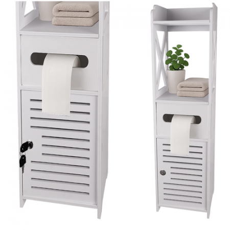 Dulăpior de Baie cu Suport Hârtie Igienică, Tip Coloană, Încuietoare cu Cheie, Uși Decorative, Alb, Design Ultra Compact [0]