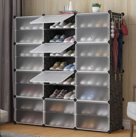 Etajeră Modulară pentru Pantofi – Set 3 Module, Ușă Transparentă, 6 Rafturi, Cuier Inclus, Design Compact și Extensibil, 12 Perechi [1]