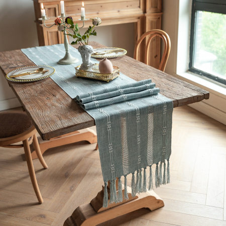 Casa & Gradina - Fata de masa, traversa, 220x33 cm, din bumbac, fire de Iuta naturala, cu ciucuri lucrati manual
