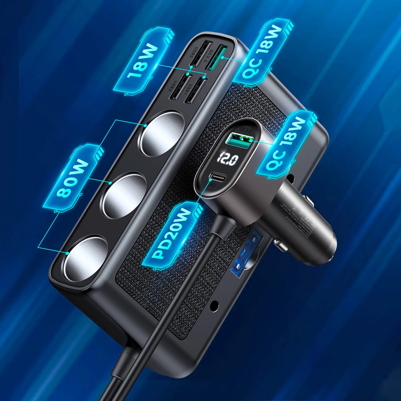 Incarcator auto Joyroom , 5 Porturi USB si 1 Port USB-C, Afisaj LED, 154W, Quick Charge 3.0, Lungime cablu 1m, Negru [4]