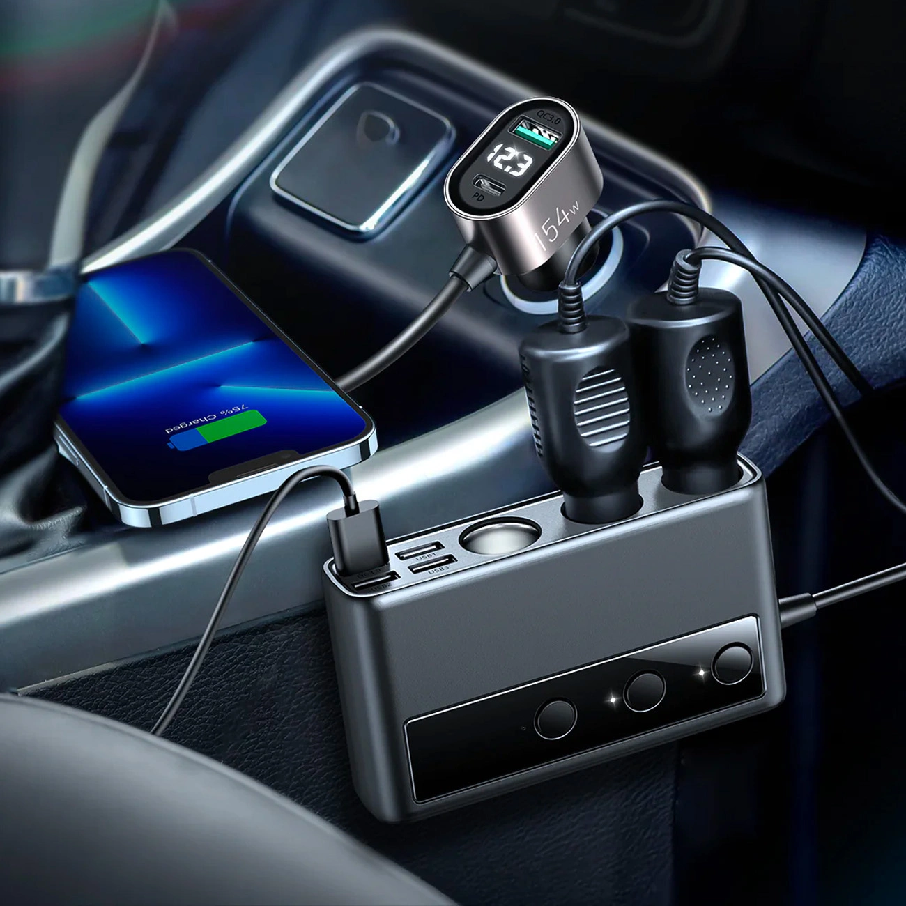 Accesorii Auto - Incarcator auto Joyroom , 5 Porturi USB si 1 Port USB-C, Afisaj LED, 154W, Quick Charge 3.0, Lungime cablu 1m, Negru