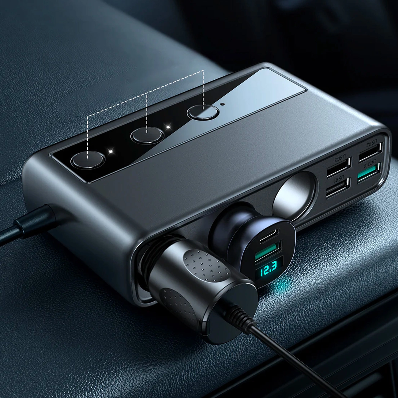 Incarcator auto Joyroom , 5 Porturi USB si 1 Port USB-C, Afisaj LED, 154W, Quick Charge 3.0, Lungime cablu 1m, Negru [7]