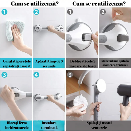 Maner de Siguranta cu Ventuze pentru Baie si Casa, Gri, Prindere Vacuum, Anti-Alunecare, Eliberare Rapida, Anticoroziv, Instalare Usoara, Suport pentru Varstnici, Copii si Femei Insarcinate [4]