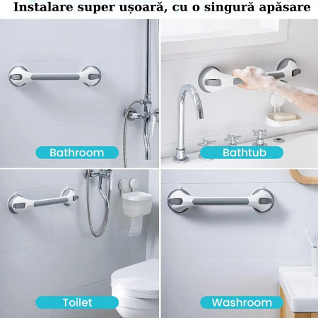 Maner de Siguranta cu Ventuze pentru Baie si Casa, Gri, Prindere Vacuum, Anti-Alunecare, Eliberare Rapida, Anticoroziv, Instalare Usoara, Suport pentru Varstnici, Copii si Femei Insarcinate [3]