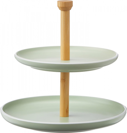 Platou etajat ceramica si bambus pe 2 niveluri, etajera pentru bomboane, prajituri, fructe, green, 24 cm inaltime, diametru 20/25 cm [1]