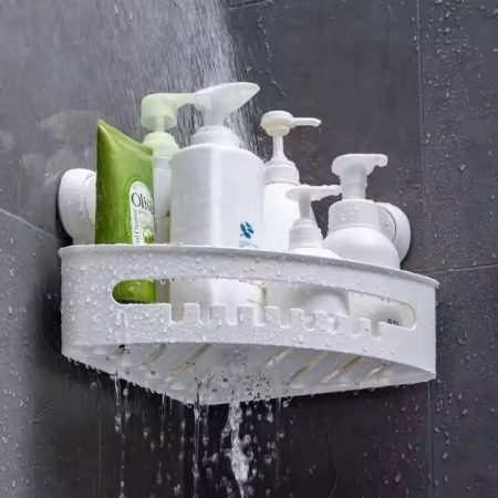 Casa & Gradina - Etajera de colt pentru baie, Raft de dus,  depozitare, organizator bucatarie, baie, instalare usoara cu ventuze, fara gaurire, Alb, 26.7x26.7x17.5 cm