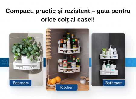 Etajera de colt pentru baie, Raft de dus,  depozitare, organizator bucatarie, baie, instalare usoara cu ventuze, fara gaurire, Alb, 26.7x26.7x17.5 cm [5]