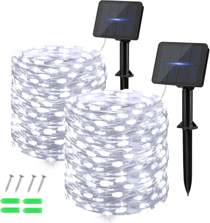 Casa & Gradina - Set 2 Lampi Solare pentru Gradina, 2x120 LED, Rezistente la Apa, 2x20M Ghirlanda Luminoasa Solara cu 8 Modele, Ideala pentru Gradina, Terasa, Petreceri, Nunta, Craciun, Alb