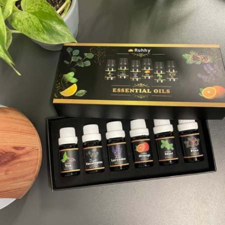 Casa & Gradina - Set 6 uleiuri esentiale, aromaterapie, eucalipt, lavanda, portocala, menta, arbore de ceai, pin, potrivit pentru umidificatoare, difuzoare, filtre de aspirator, odorizante auto, 10 ml