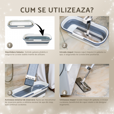 Set mop plat profesional din otel inoxidabil, 36 cm, cu sistem de stoarcere si galeata pliabila, rezerva microfibra [6]