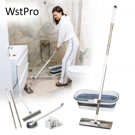 Set mop plat profesional din otel inoxidabil, 36 cm, cu sistem de stoarcere si galeata pliabila, rezerva microfibra [7]