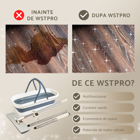 Set mop plat profesional din otel inoxidabil, 36 cm, cu sistem de stoarcere si galeata pliabila, rezerva microfibra [3]