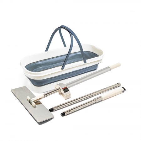 Casa & Gradina - Set mop plat profesional din otel inoxidabil, 36 cm, cu sistem de stoarcere si galeata pliabila, rezerva microfibra