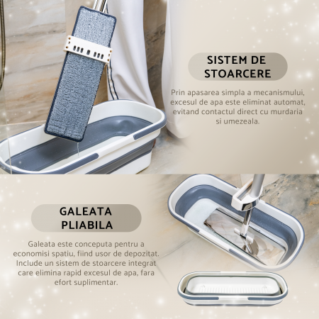 Set mop plat profesional din otel inoxidabil, 36 cm, cu sistem de stoarcere si galeata pliabila, rezerva microfibra [4]