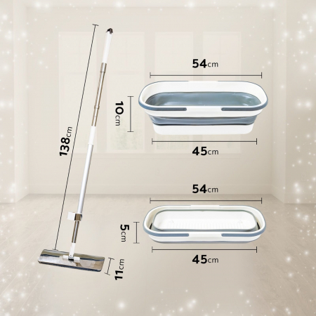 Set mop plat profesional din otel inoxidabil, 36 cm, cu sistem de stoarcere si galeata pliabila, rezerva microfibra [8]