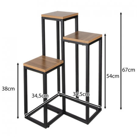 Etajera Suport de Flori Vertical 3 Niveluri – 67 cm, Stil Loft, Metalic Negru + Rafturi MDF [6]