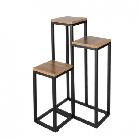 Etajera Suport de Flori Vertical 3 Niveluri – 67 cm, Stil Loft, Metalic Negru + Rafturi MDF [3]