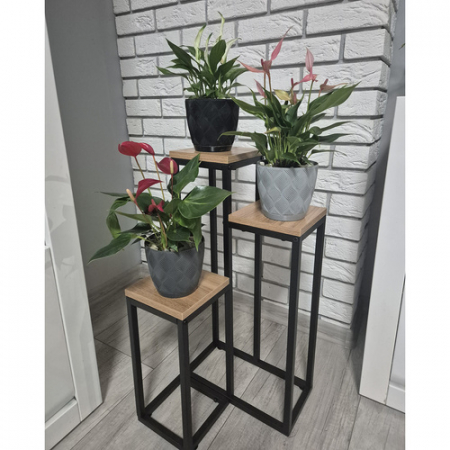 Etajera Suport de Flori Vertical 3 Niveluri – 67 cm, Stil Loft, Metalic Negru + Rafturi MDF [2]