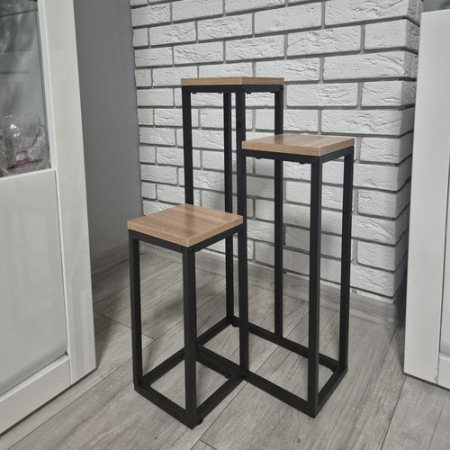 Etajera Suport de Flori Vertical 3 Niveluri – 67 cm, Stil Loft, Metalic Negru + Rafturi MDF [1]