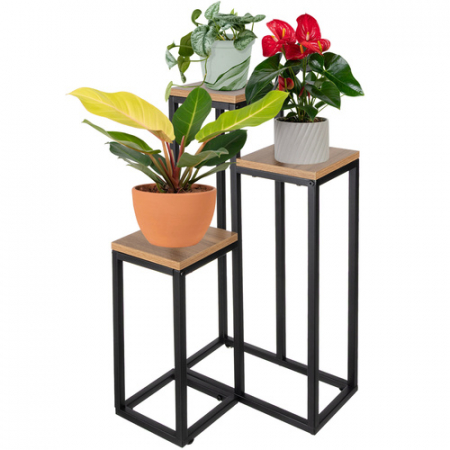 Casa & Gradina - Etajera Suport de Flori Vertical 3 Niveluri – 67 cm, Stil Loft, Metalic Negru + Rafturi MDF