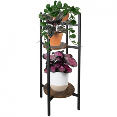 Casa & Gradina - Etajera Suport Metalic pentru Flori cu 3 Nivele, Stil Loft Industrial, pentru Interior, Negru + Maro, 81 cm