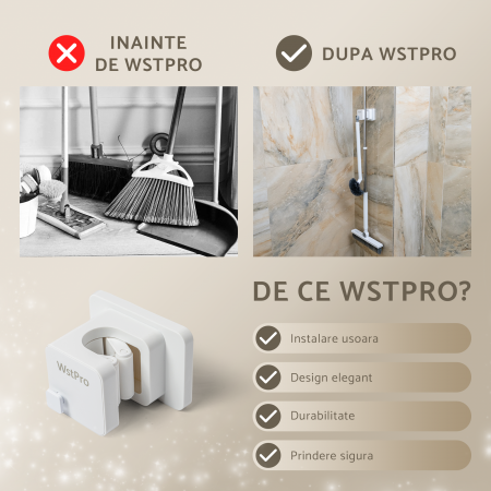 Suport organizator multifunctional WstPro de perete pentru mop, matura, para dus, ustensile bucatarie, instalare usoara fara a gauri peretele [5]