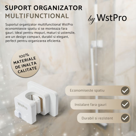Suport organizator multifunctional WstPro de perete pentru mop, matura, para dus, ustensile bucatarie, instalare usoara fara a gauri peretele [3]
