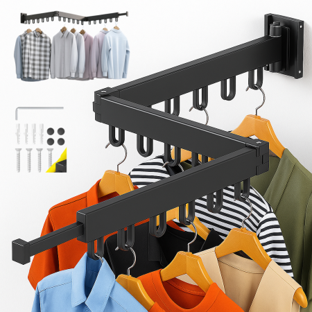 Casa & Gradina - Suport pentru umerase, haine, stender, pentru spatiu organziat, usor de montat, pliabil, reglabil, 3 segmente, 127 cm, aluminiu, deosebit de rezistent, negru