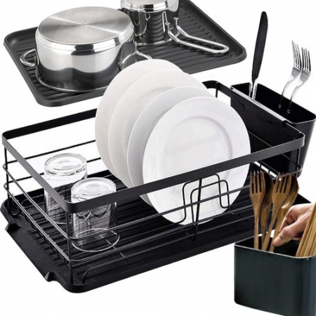 Casa & Gradina - Suport Uscare Vase Metalic, Negru, Stil Loft, cu Tavă de Scurgere și Suport Tacâmuri – Compact, Elegant, Rezistent la Apă, 44x31.5x13.5cm