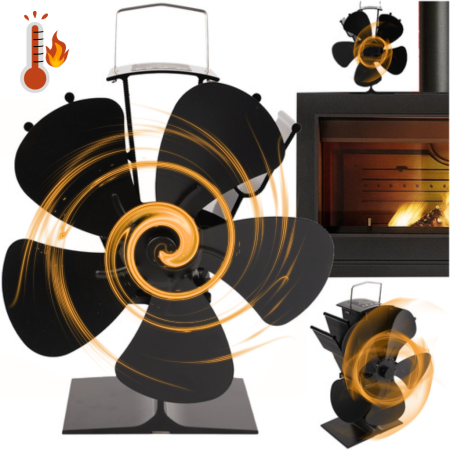 Casa & Gradina - Ventilator pentru semineu, alimentat cu caldură, ventilator termoelectric fără electricitate, model 5 pale, porneste la 60°C , aluminiu, otel inoxidabil, negru