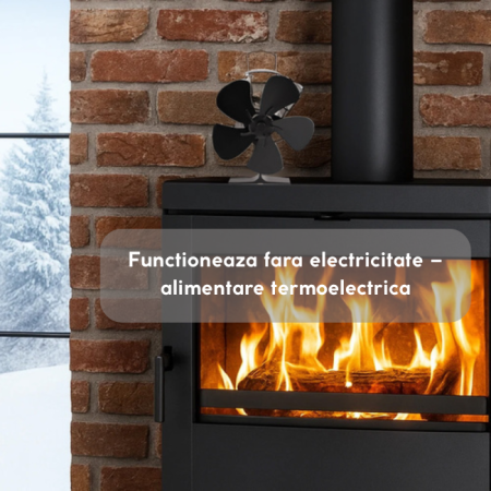 Ventilator pentru semineu, alimentat cu caldură, ventilator termoelectric fără electricitate, model 5 pale, porneste la 60°C , aluminiu, otel inoxidabil, negru [1]