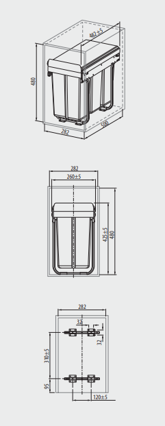 Cos gunoi PRACTI ECO incorporabil, 300 10L + 20L, soft-close, extractie totala, gri antracit [2]