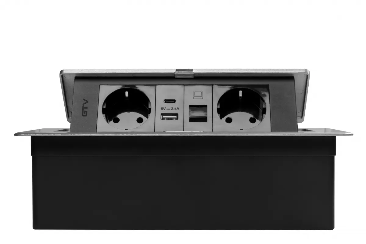 Priza incastrabila dreptunghiulara 2xSCHUKO, 2xUSB, 1xRJ45, negru mat [2]