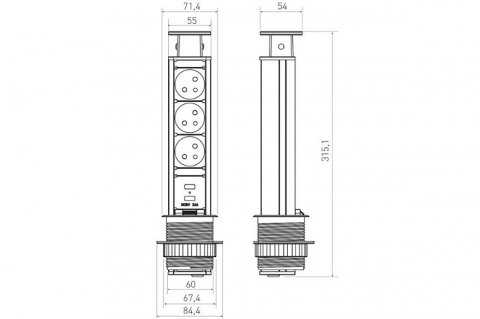 Priză încastrabilă rotundă Ø60 cu 3 SCHUKO și 2 USB, aluminiu [2]