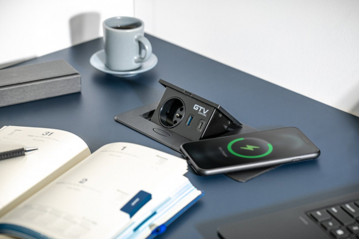 Priza incorporabila in blat AVARO PLUS 1xSCHUKO, USB A+C, incarcare WIRELESS, negru mat [2]