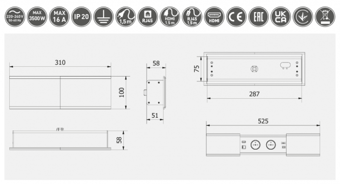 Priza incastrata in blat gri PRESTINO 2xSchuko, USB A+C, HDMI [5]