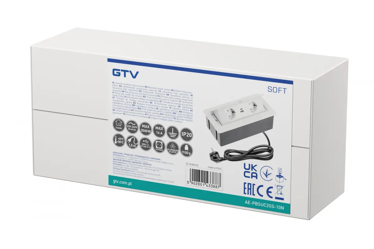 Priza incorporabila in blat bucatarie 2xSchuko 2xUSB alb [2]